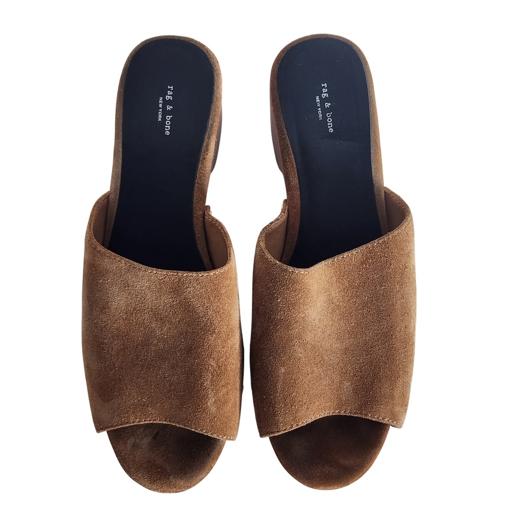 Rag & Bone Mara Brown Suede Platform Clog Mules Studded Wood Heel Sandals 38 - Picture 4 of 9
